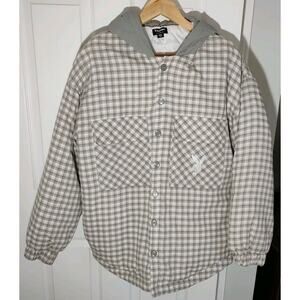 RARE Mens Pacsun Playboy Jacket Plaid Khaki Hood Quilt Lined Runs Big - Med/Larg